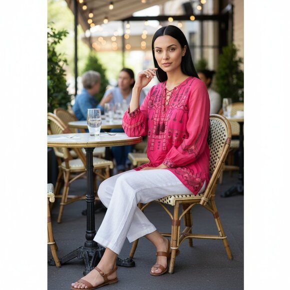 Free People Embroidered Boho Tunic Dress – Crimson Red with Beading - Picture 1 of 15